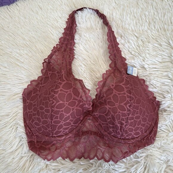 VICTORIA'S SECRET PINK  HALTER LACE BRALETTE BRA PINK MAUVE SDD - Picture 2 of 10